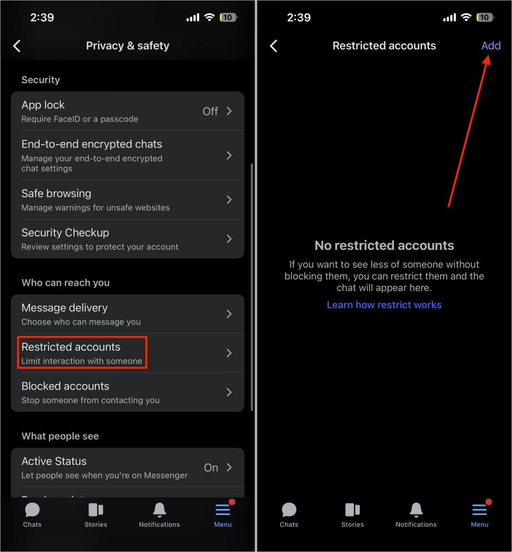 View restricted accounts in Messenger and add a new one View restricted accounts in messenger and add a new one