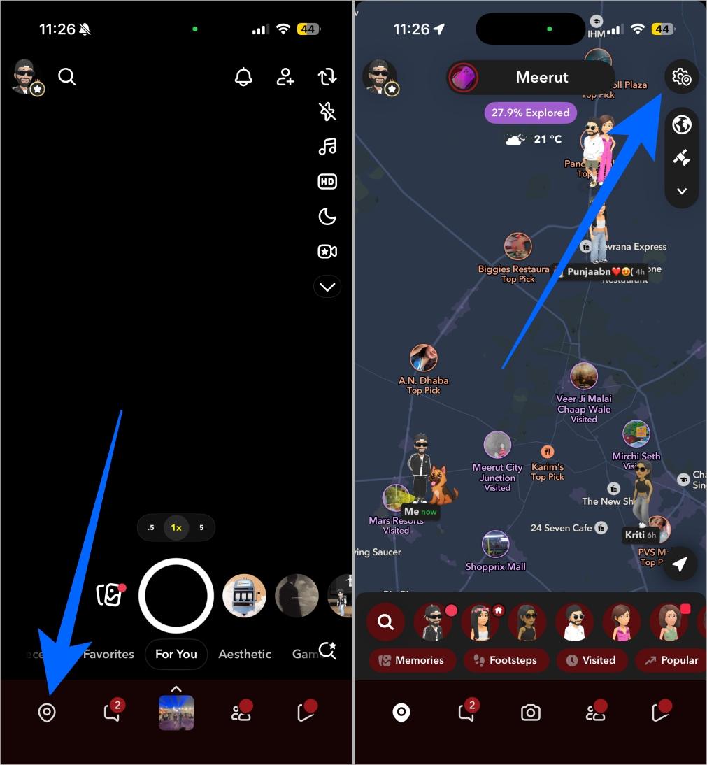 Access snap map settings in snapchat by tapping the location pin and settings icon