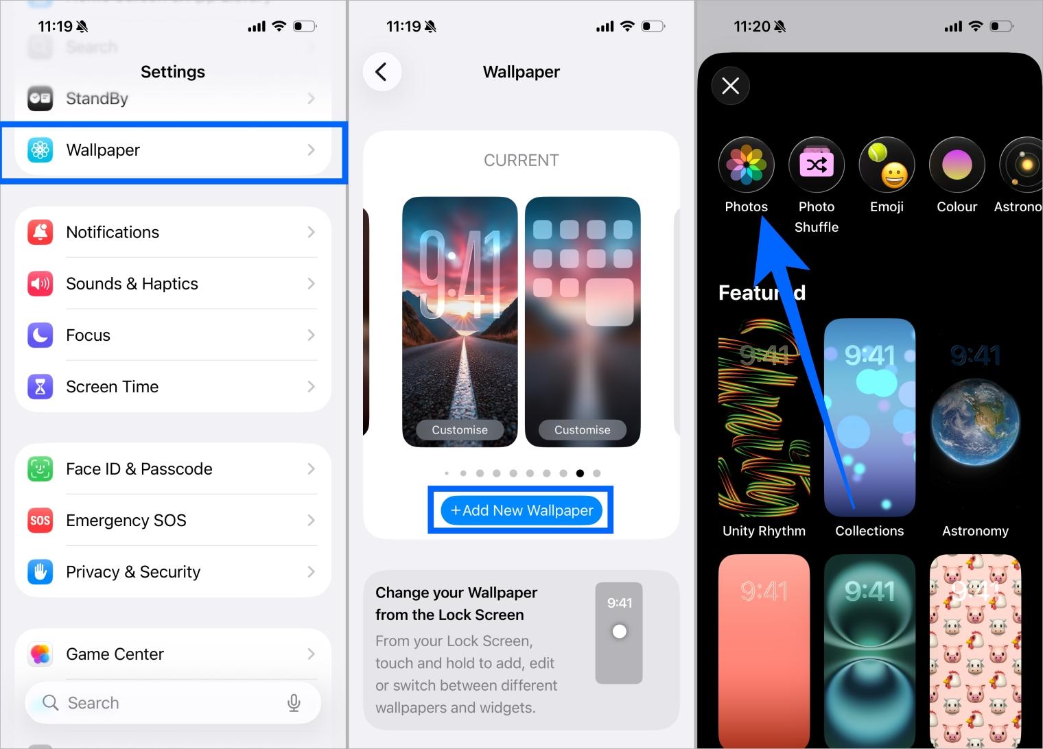 Add new iphone wallpaper by tapping plus icon and selecting image from photos