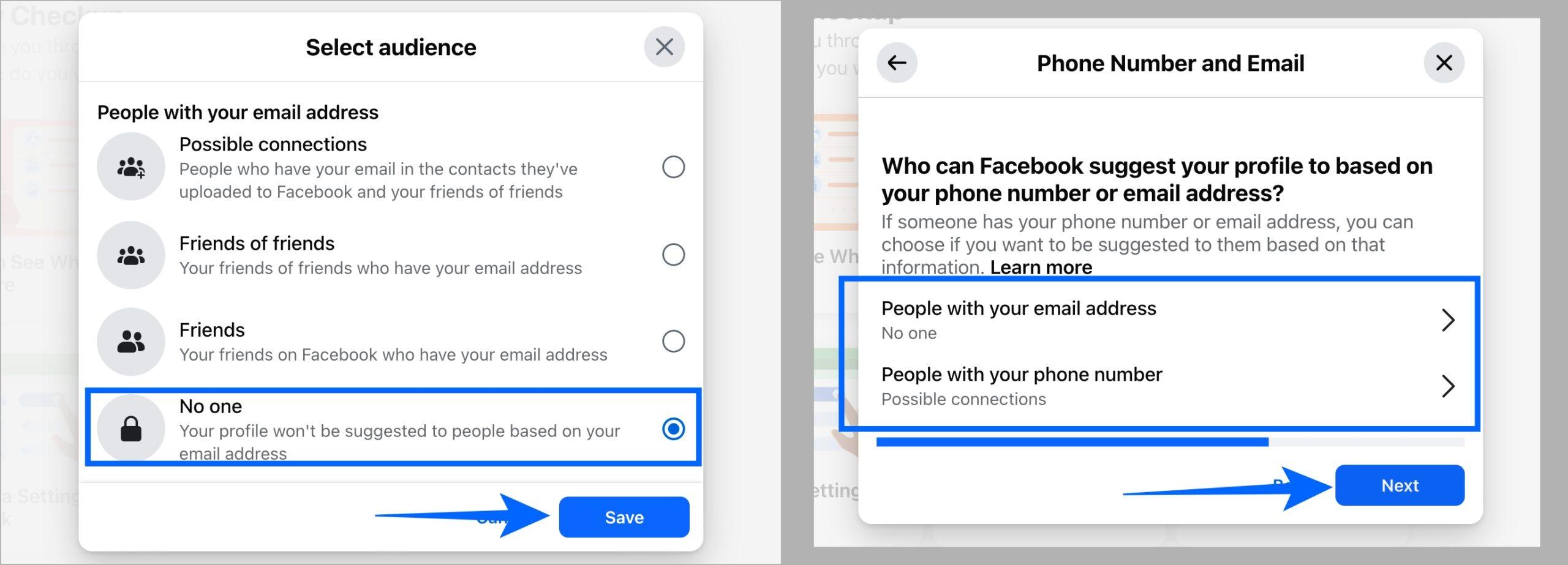 Adjust who can find you by phone number or email in Facebook Privacy Checkup on desktop 2 Adjust who can find you by phone number or email in facebook privacy checkup on desktop 2