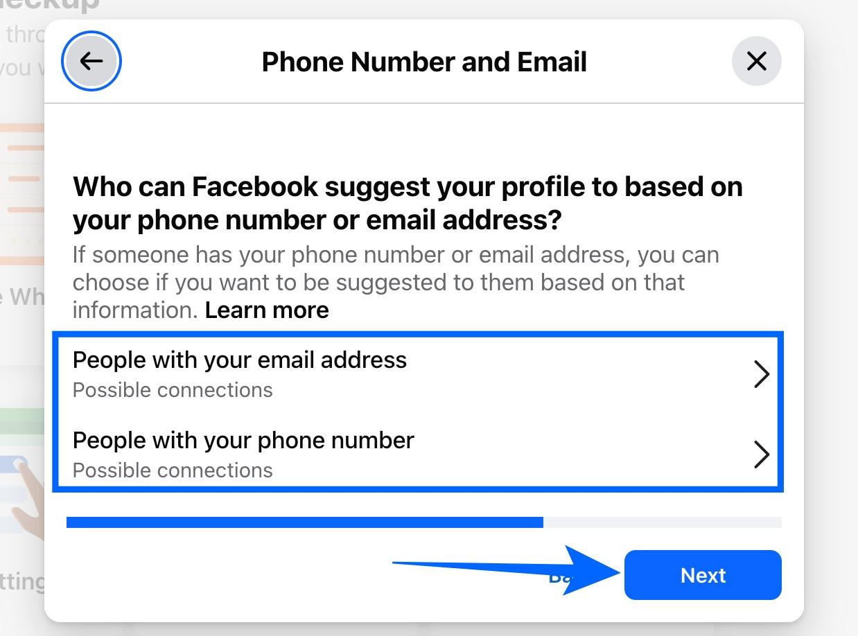 Adjust who can find you by phone number or email in Facebook Privacy Checkup on desktop Adjust who can find you by phone number or email in facebook privacy checkup on desktop 2