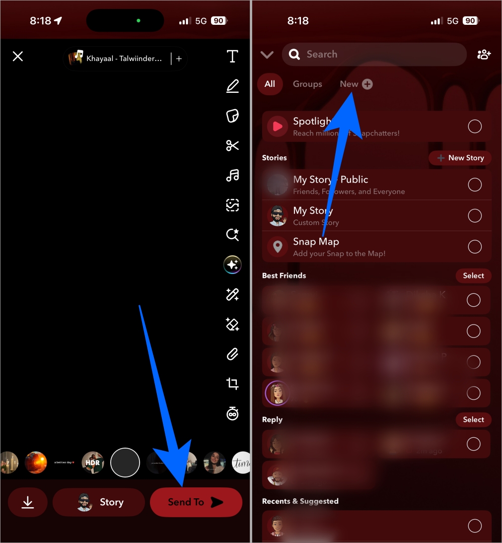 Capture a snap tap send to and choose new shortcut