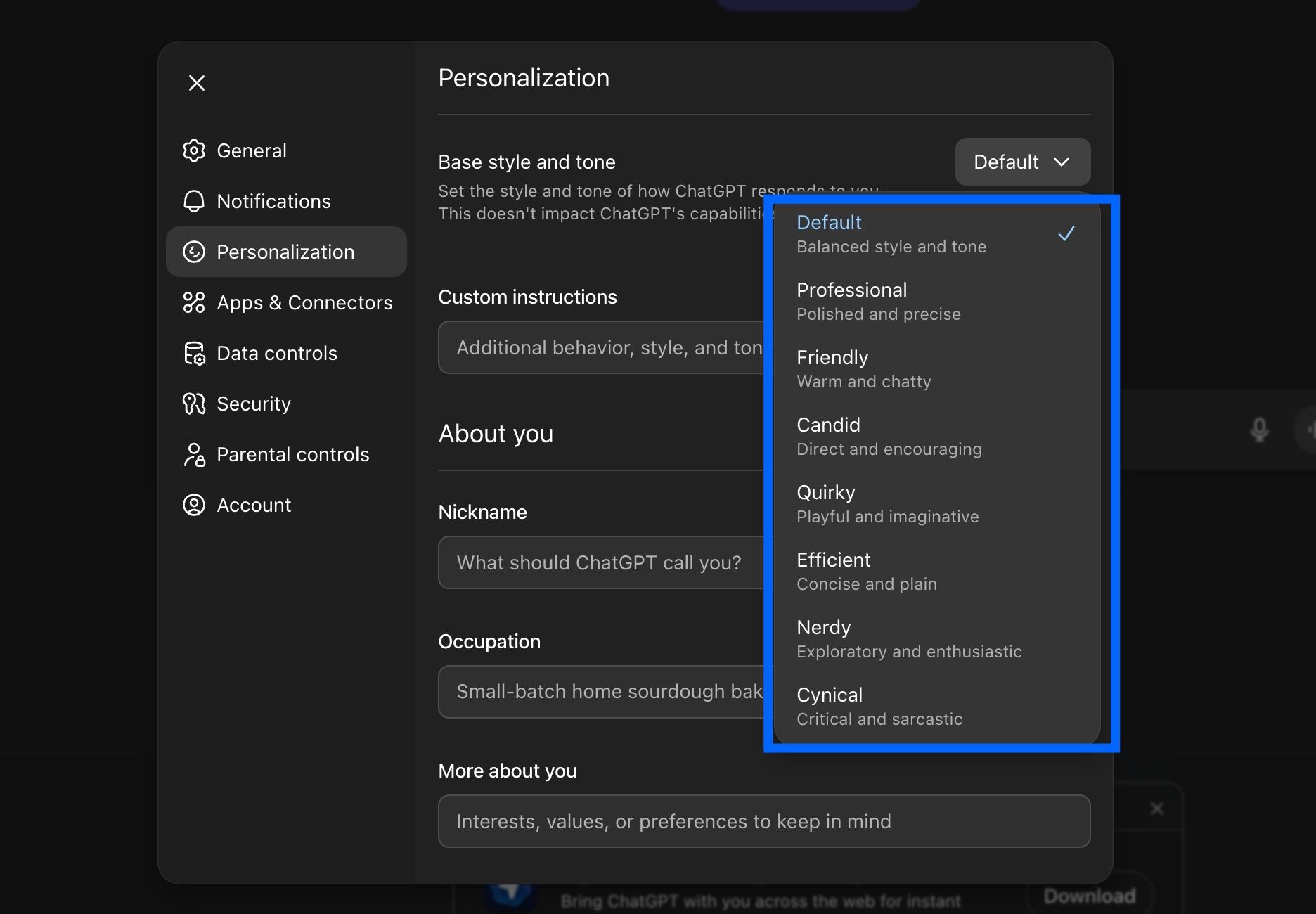 Change ChatGPT base style and tone using drop-down in Personalization settings Change chatgpt base style and tone using drop down in personalization settings