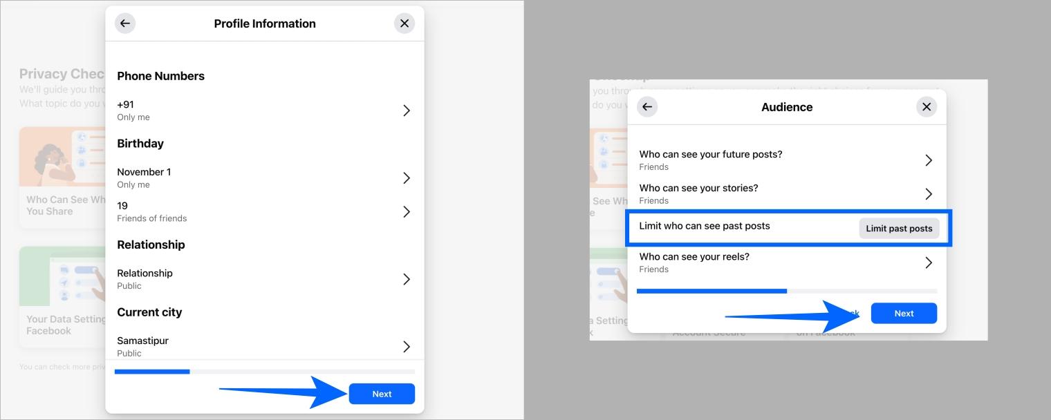 Change Facebook audience settings to Friends and limit past posts in Privacy Checkup on desktop Change facebook audience settings to friends and limit past posts in privacy checkup on desktop