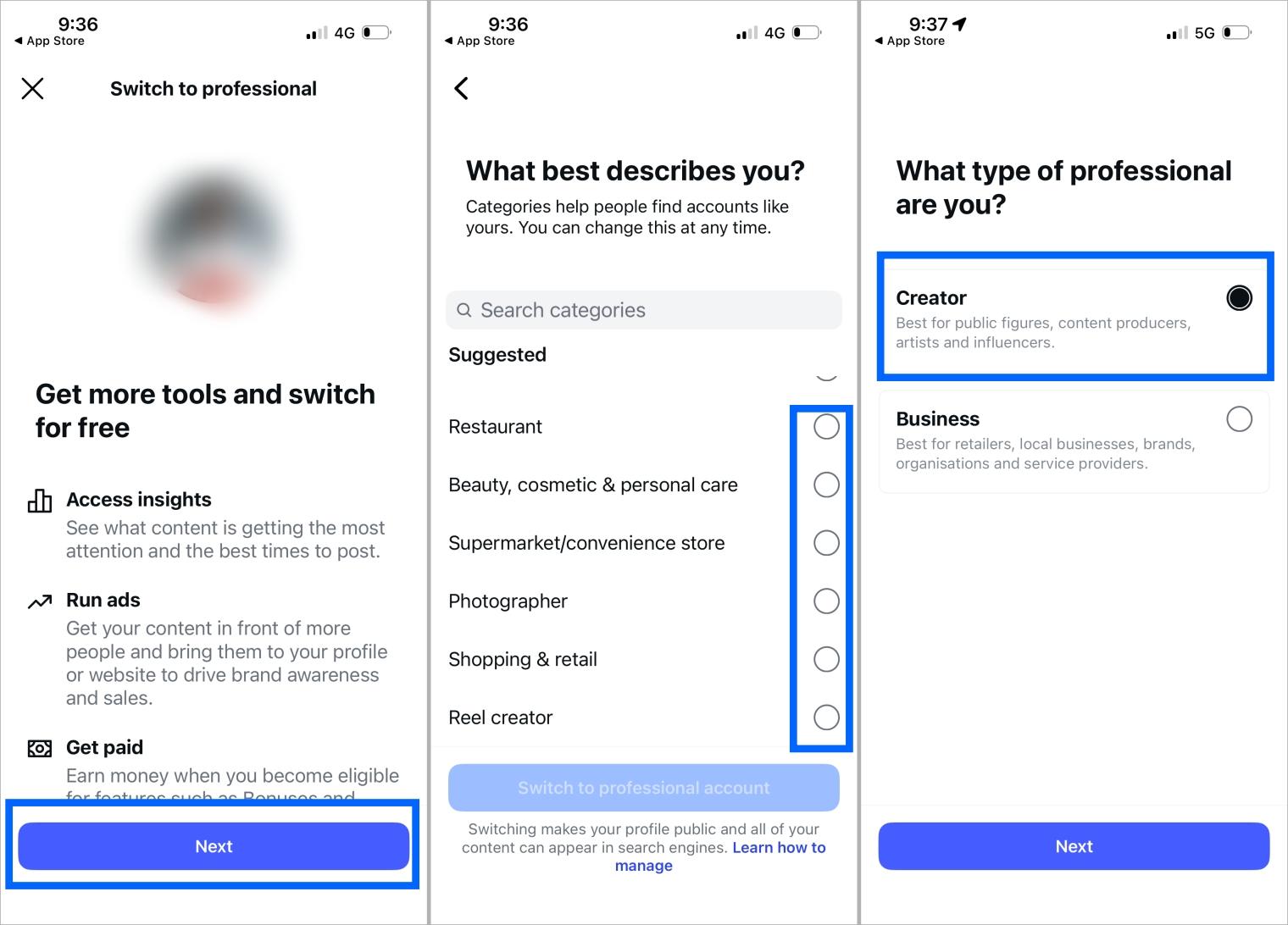 Choose category and select Creator or Business when switching Instagram account type Choose category and select creator or business when switching instagram account type