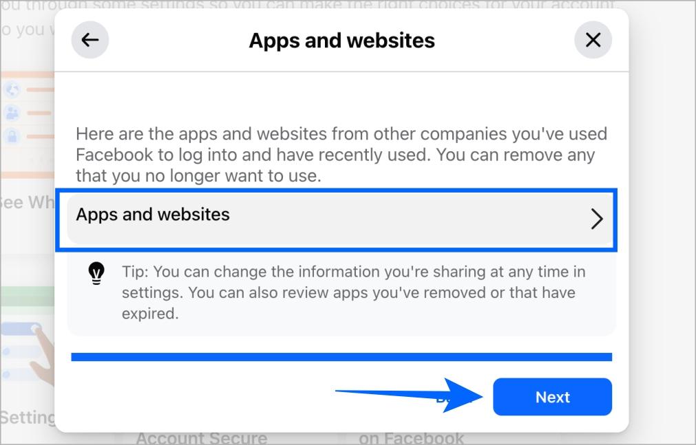 Click Apps and websites and click Next Click apps and websites and click next