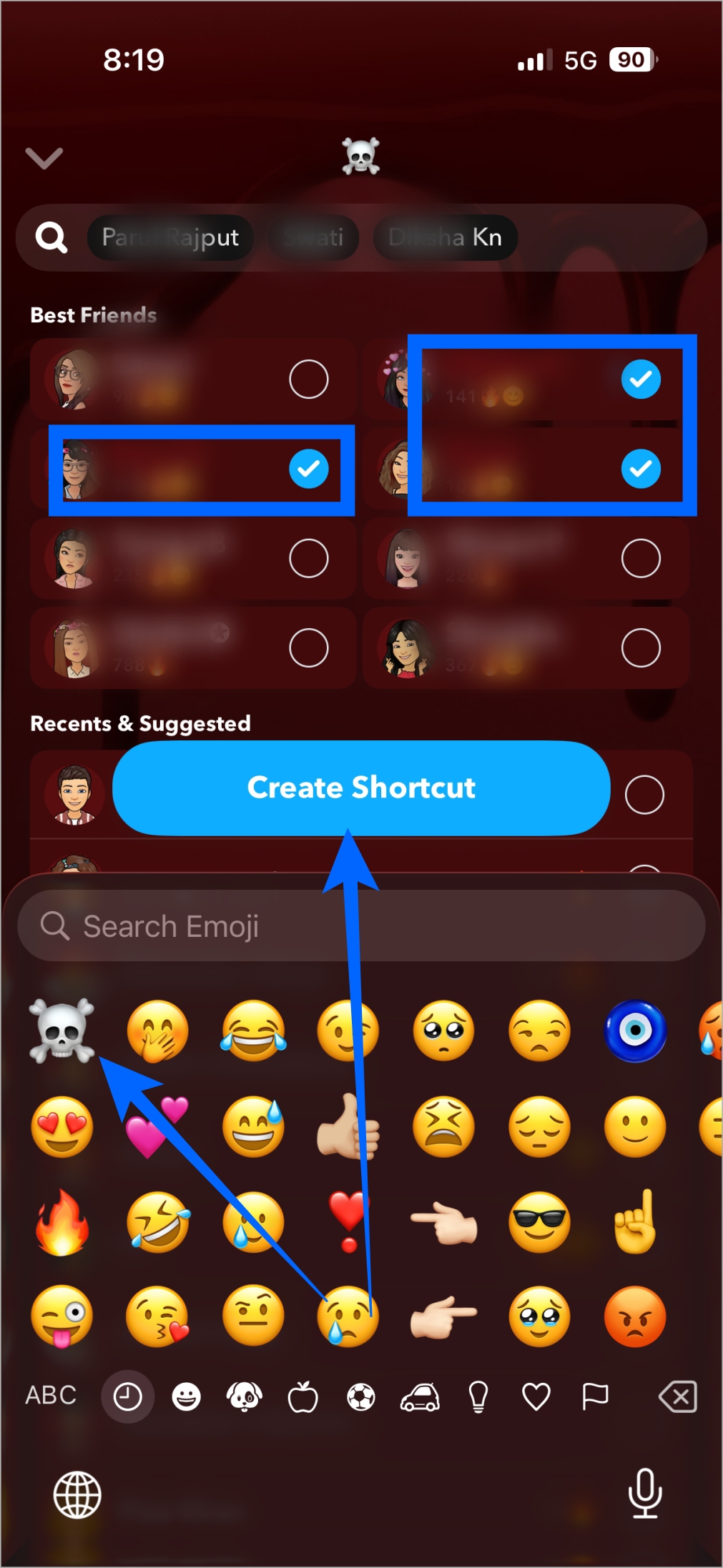 Create a snapchat shortcut with a chosen emoji and selected friends