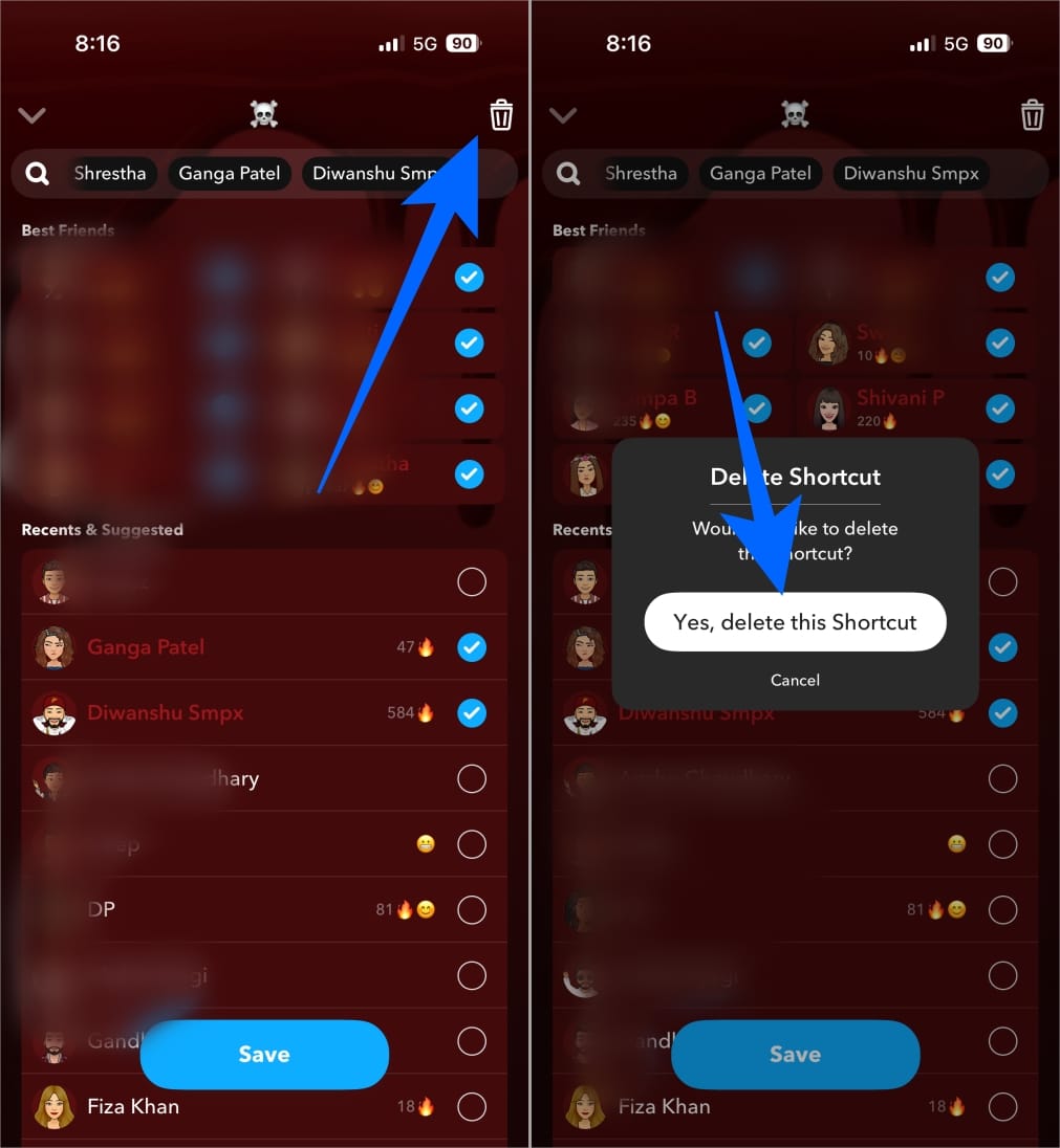 Delete Shortcut on Snapchat