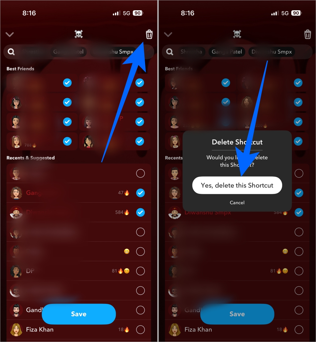 Delete a shortcut on snapchat