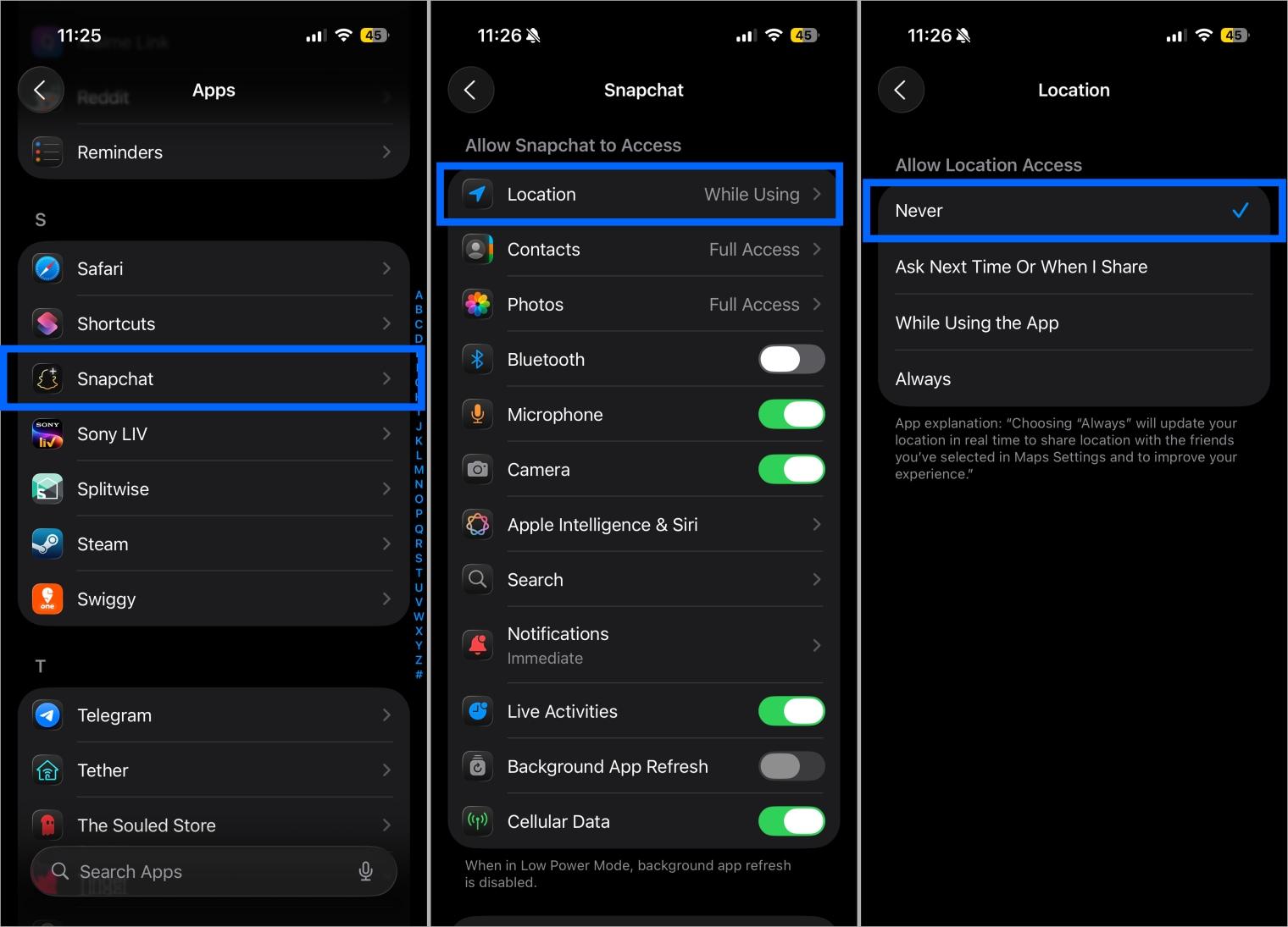 Disable Snapchat location access by selecting Never in app settings Disable snapchat location access by selecting never in app settings