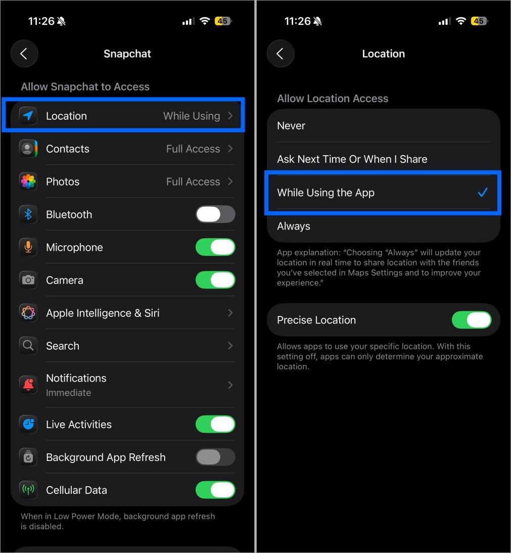 Enable location access for Snapchat on iPhone by selecting While Using the App in settings Enable location access for snapchat on iphone by selecting while using the app in settings
