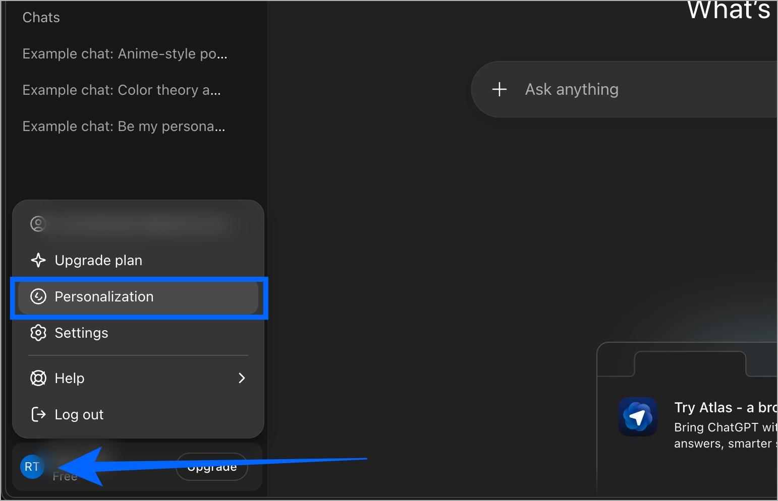 Open chatgpt personalization from profile icon in left sidebar