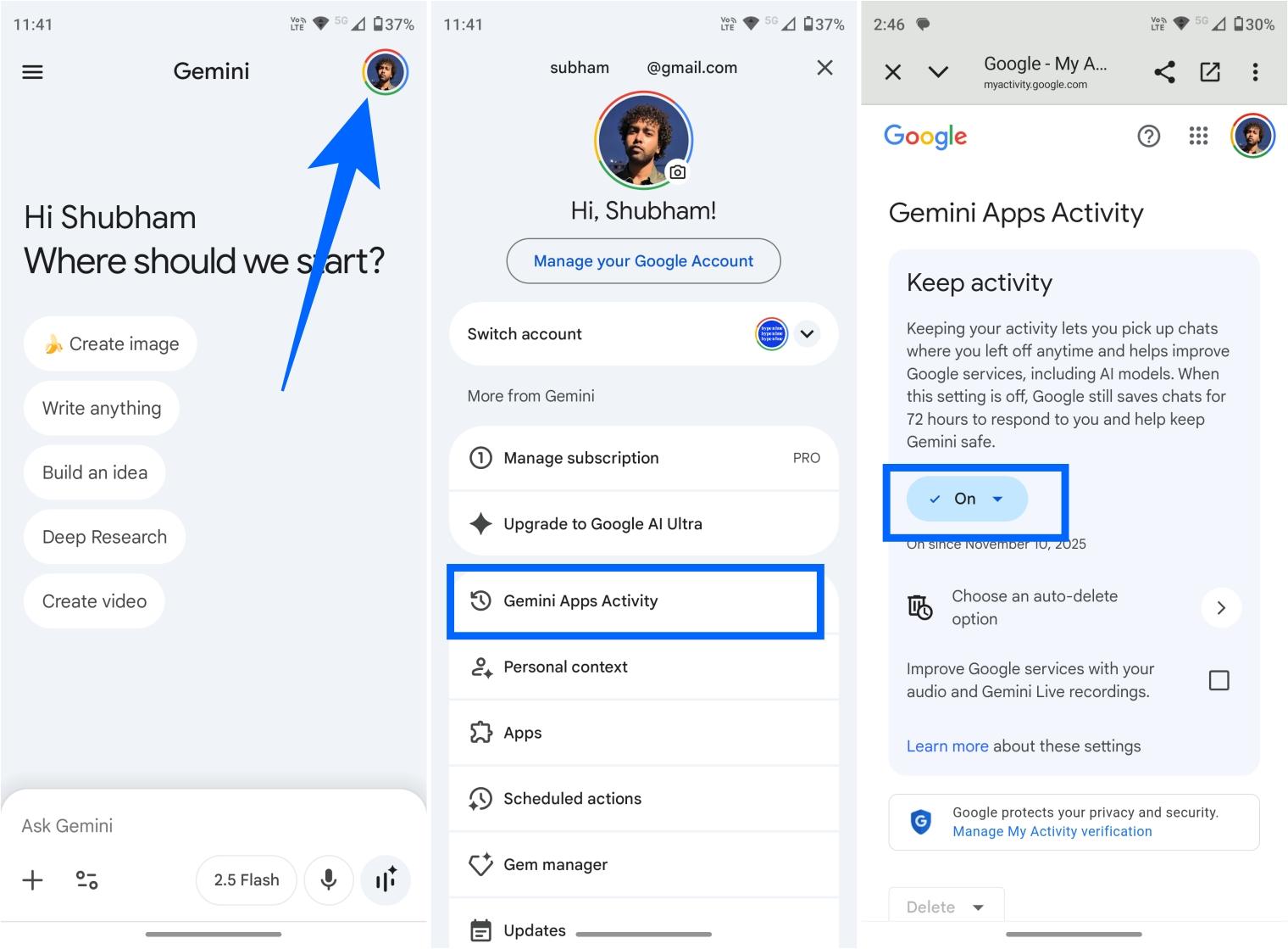 Open gemini apps activity from profile settings and tap on to continue