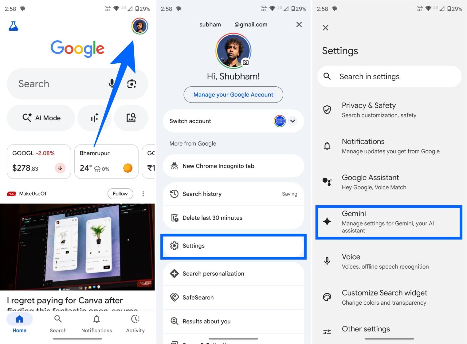 Open google app settings and access gemini from profile menu