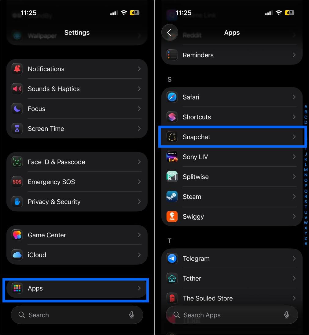 Open Snapchat app settings from the Settings menu on iPhone Open snapchat app settings from the settings menu on iphone