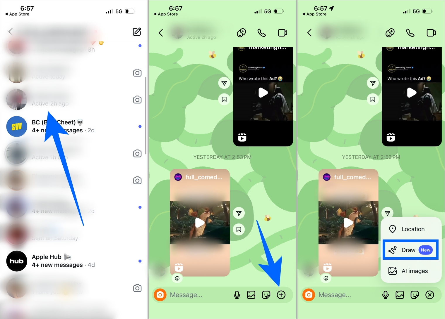 Open an instagram chat tap the plus icon and choose draw