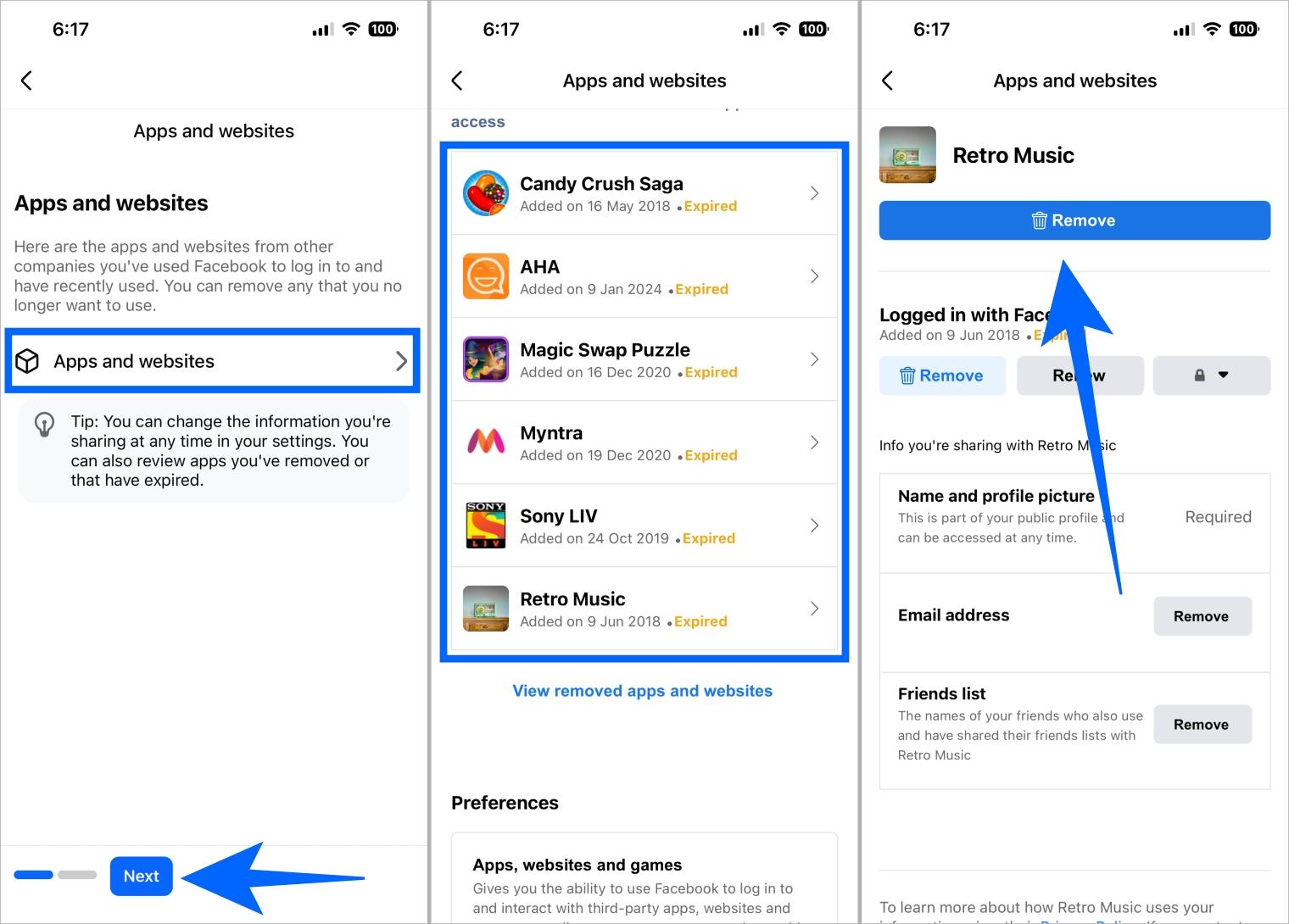 Remove third-party app access in Facebook by opening Apps and Websites and tapping Remove Remove third party app access in facebook by opening apps and websites and tapping remove
