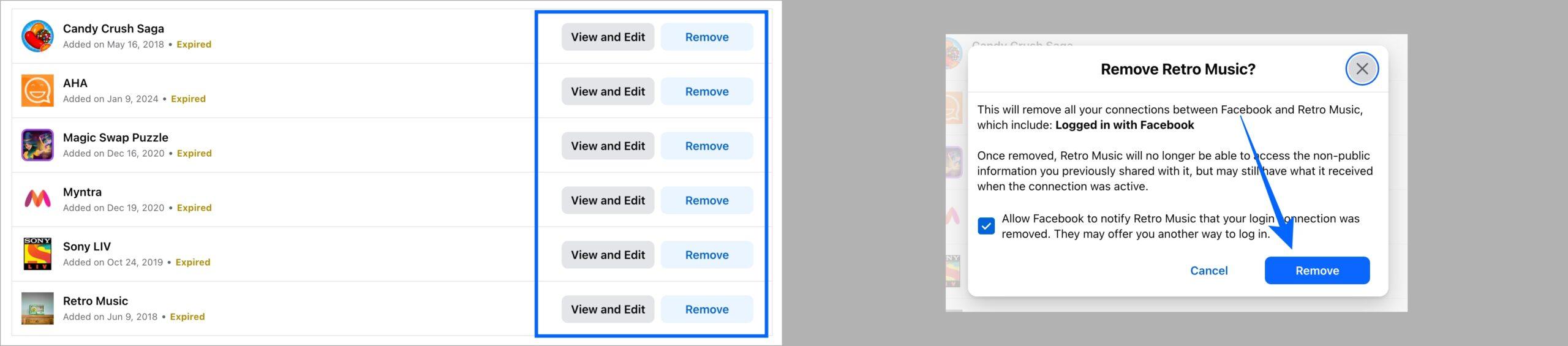 Remove third-party apps from Facebook by clicking Remove and confirming on desktop Remove third party apps from facebook by clicking remove and confirming on desktop