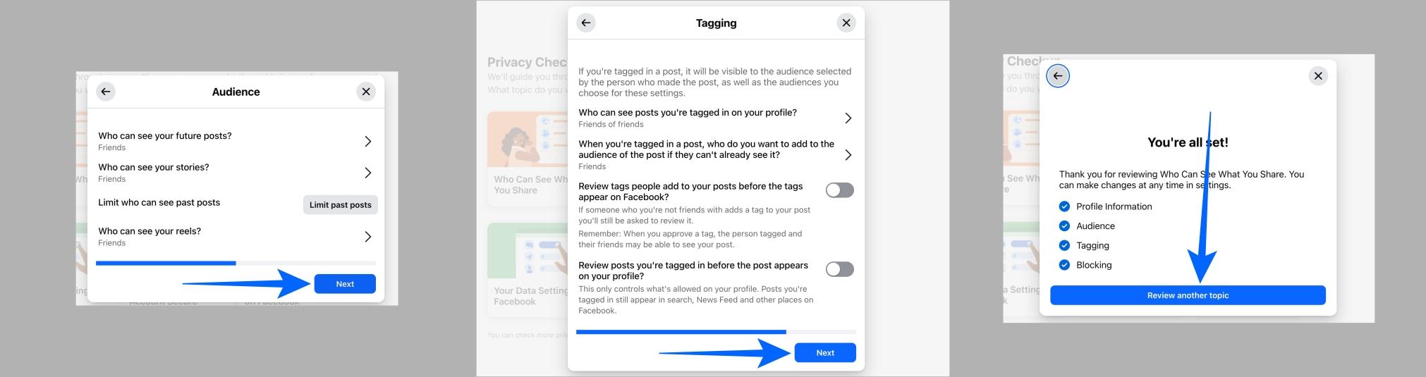 Review Facebook blocking settings in Privacy Checkup on desktop and continue Review facebook blocking settings in privacy checkup on desktop and continue