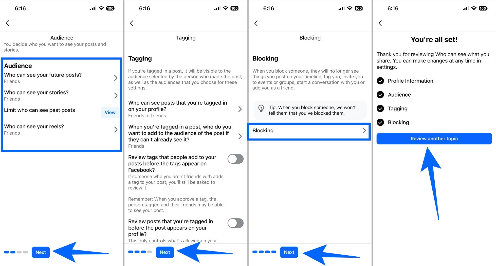 Review Facebook tagging and blocking settings and continue through Privacy Checkup Review facebook tagging and blocking settings and continue through privacy checkup