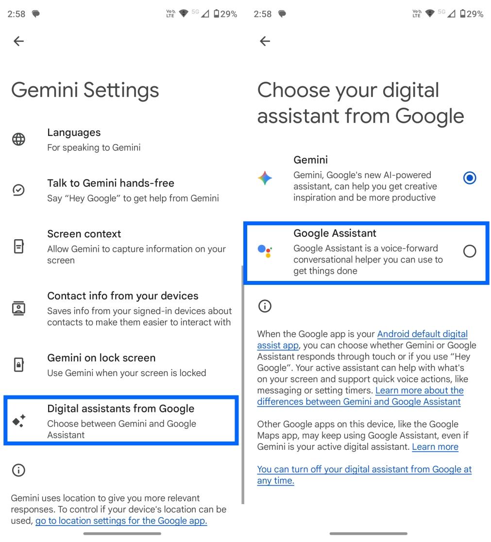 Select google assistant under digital assistants from google to switch from gemini