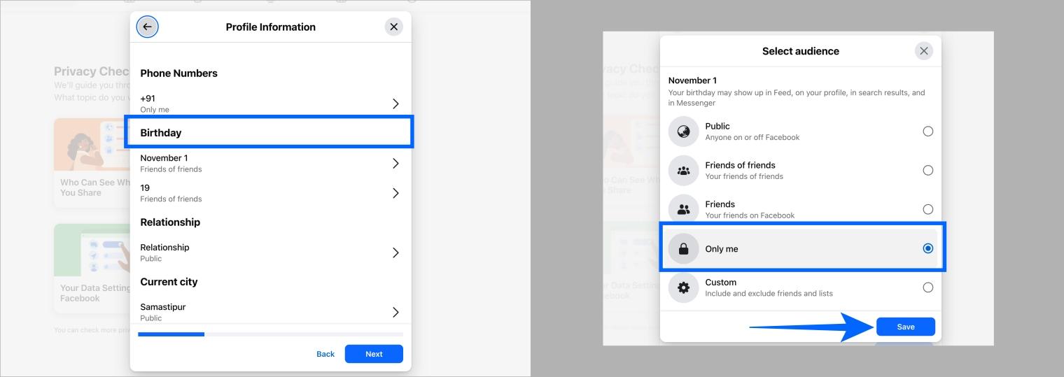 Set Facebook profile details like birthdate to Only Me in Privacy Checkup on desktop Set facebook profile details like birthdate to only me in privacy checkup on desktop