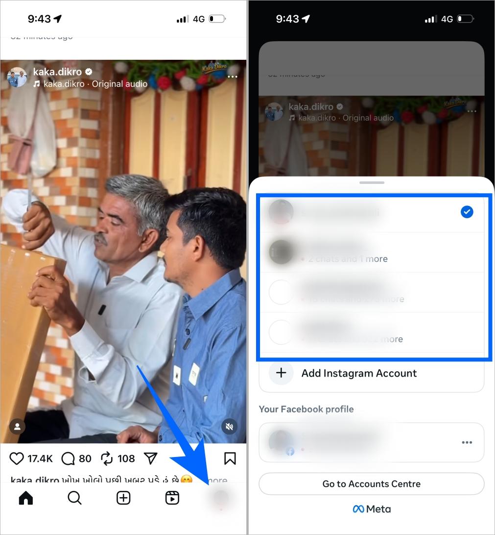 Switch Instagram accounts by long-pressing profile picture and selecting another account Switch instagram accounts by long pressing profile picture and selecting another account