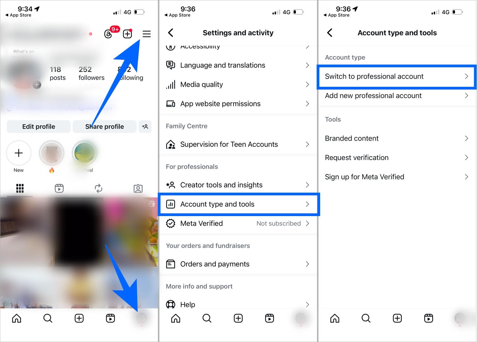 Switch to a professional Instagram account from Account Type and Tools in profile menu Switch to a professional instagram account from account type and tools in profile menu