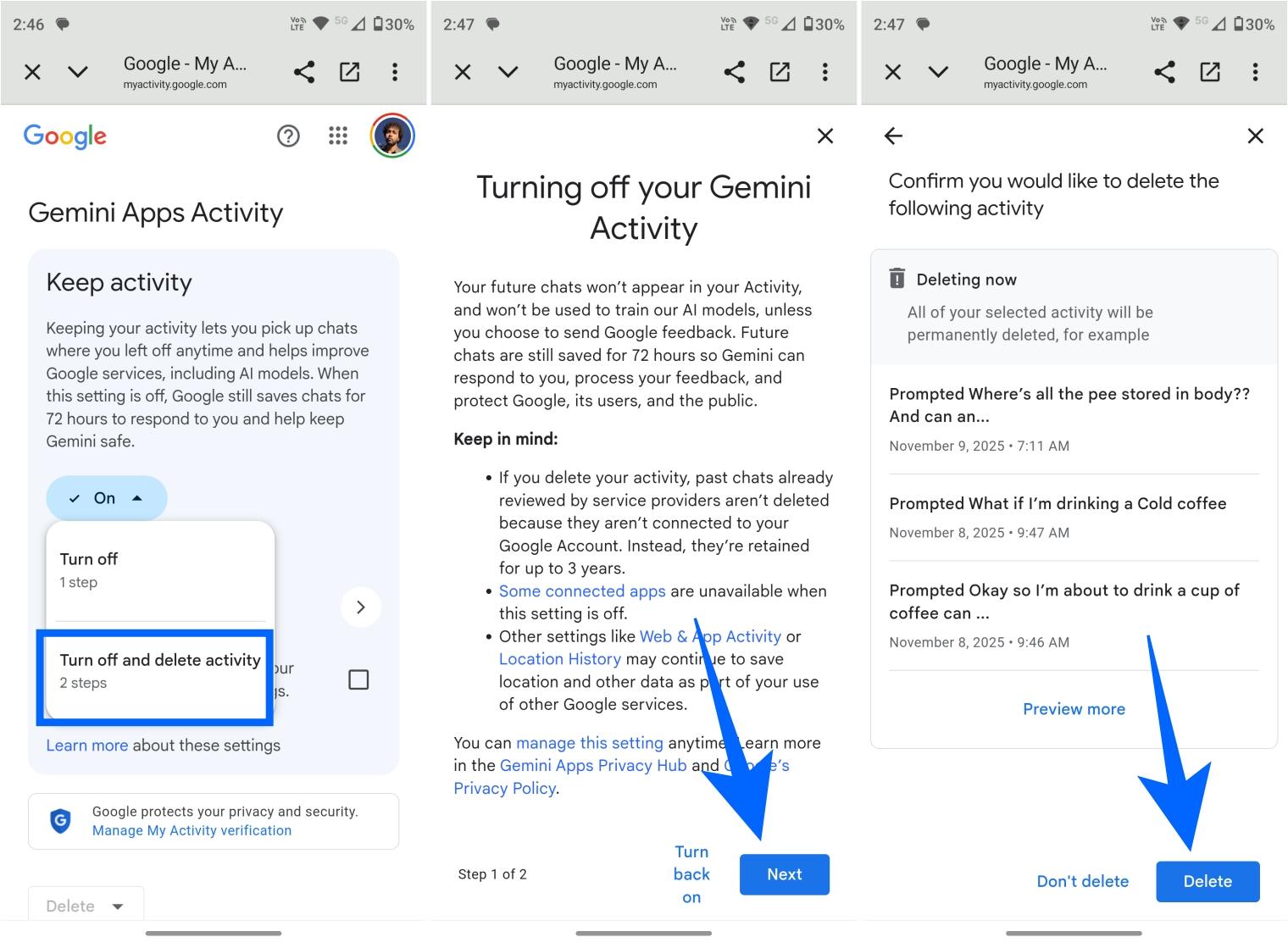 Turn off gemini app activity and delete past data on android