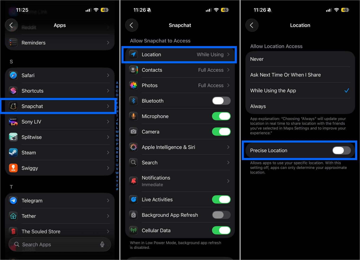 Turn off Precise Location for Snapchat in iOS Turn off precise location for snapchat in ios