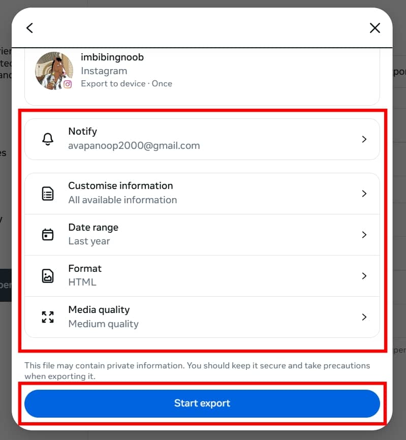 Add email and save, set date range, pick format and quality, then Start export