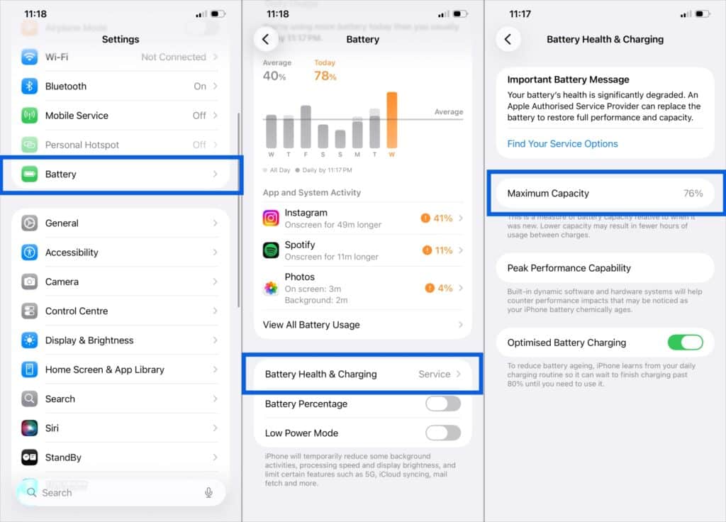 Check Battery Health In Older iPhone by Open Settings, tap Battery, then Battery Health & Charging