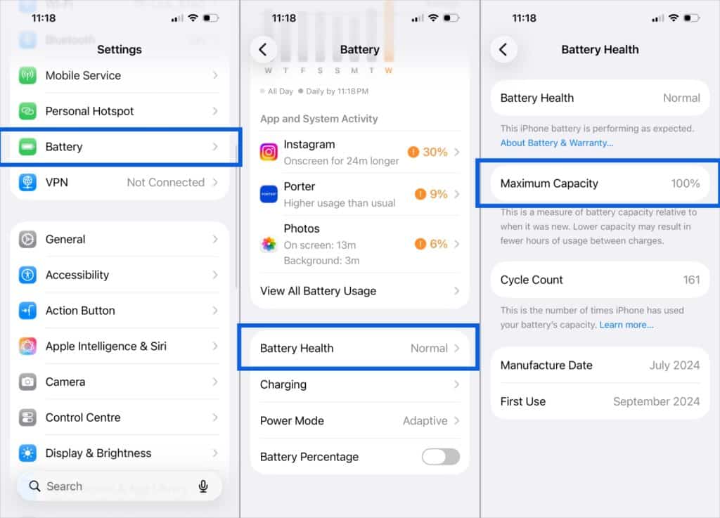Check iPhone Battery Health by Go to Settings, tap Battery, then Battery Health