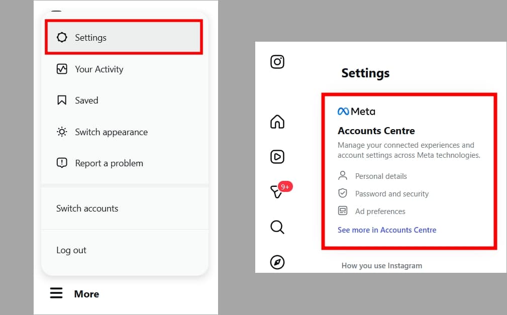 Click Settings, then select Accounts Center