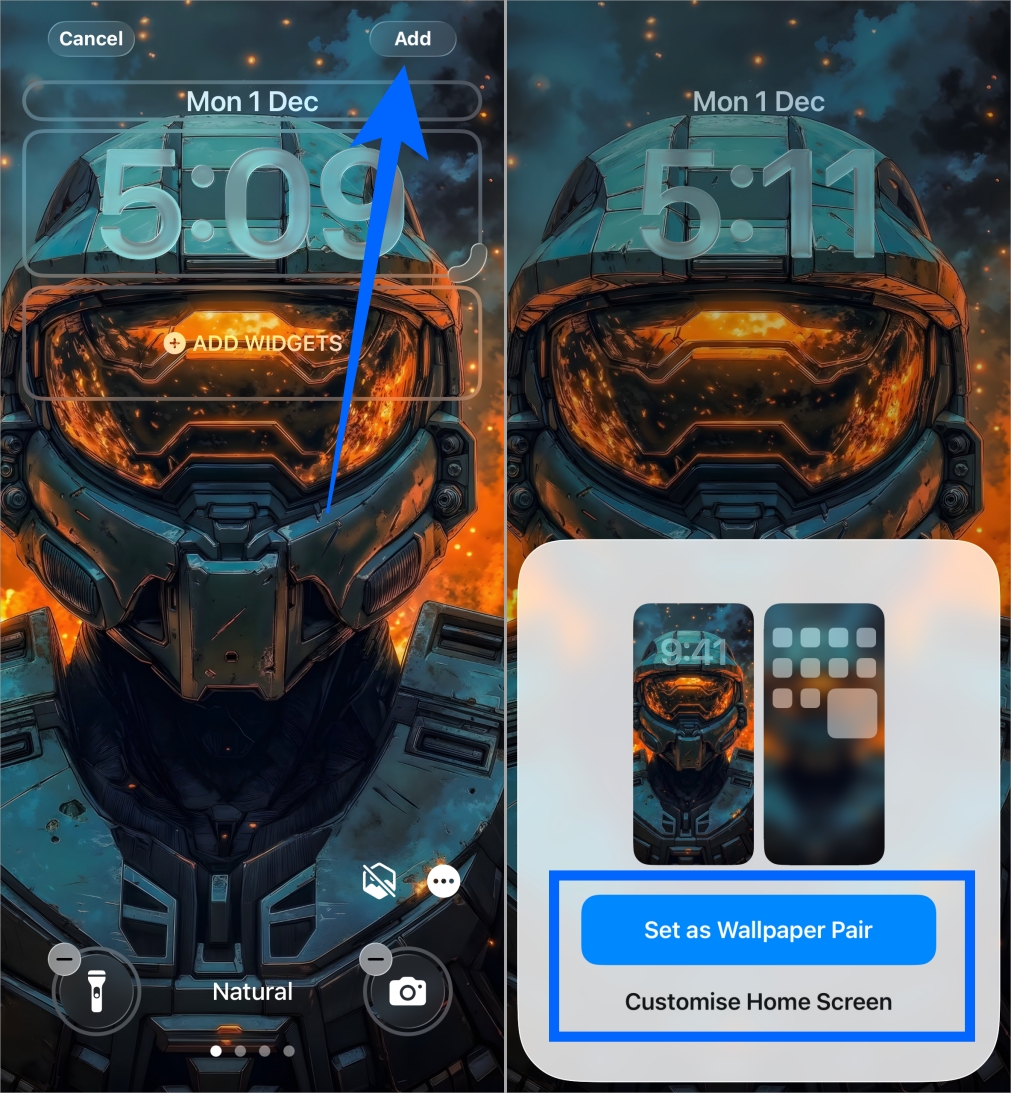 Crop the wallpaper, adjust clock and widgets, then tap Add and set it as a wallpaper pair