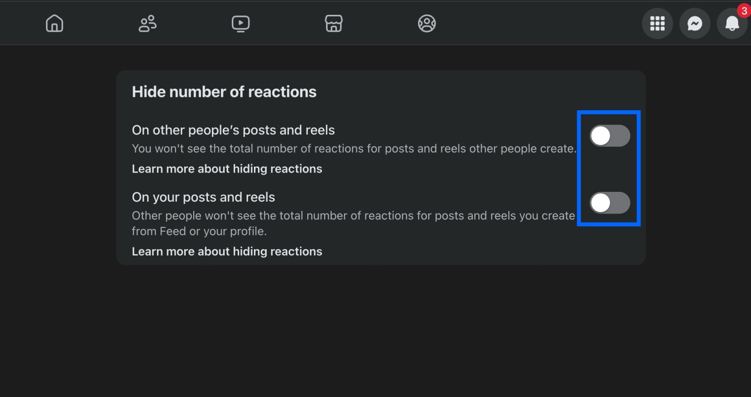 Enable both toggles to hide likes on your posts and others