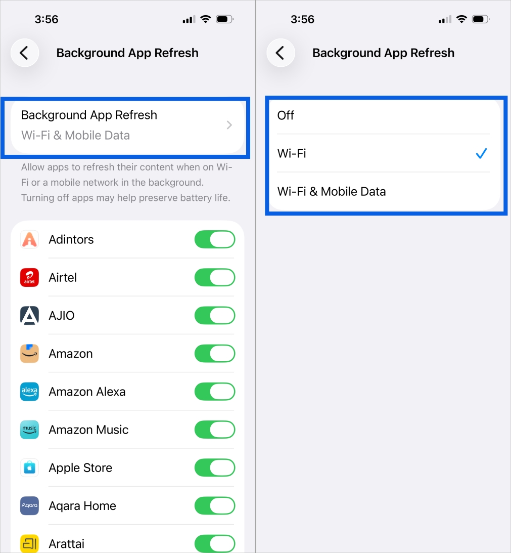 Open Background App Refresh settings to choose Wi-Fi and Cellular Data, Wi-Fi only, or Off to manage battery and data usage.