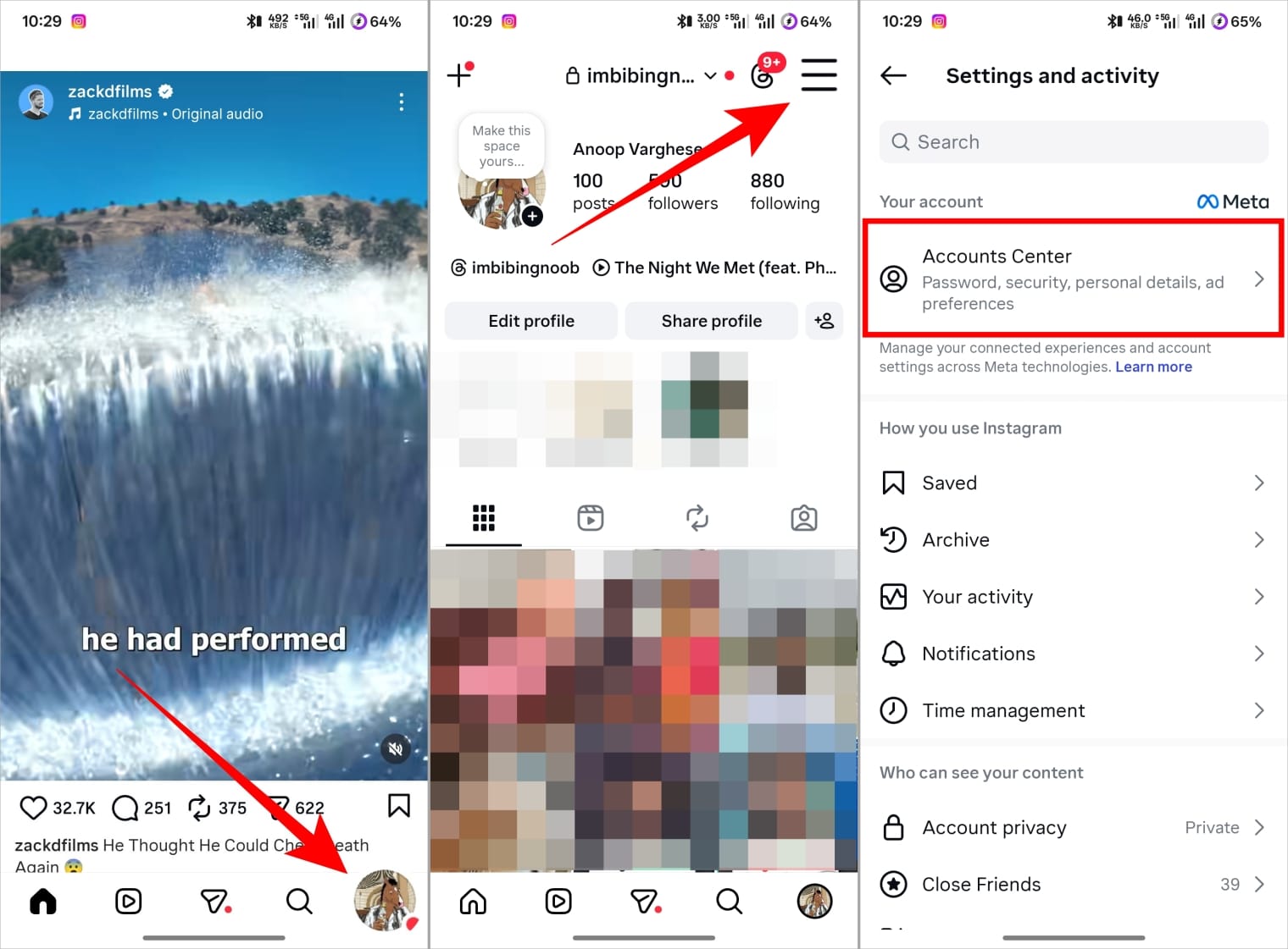 Open Instagram profile, tap three-line menu, and select Accounts Center to access Meta settings
