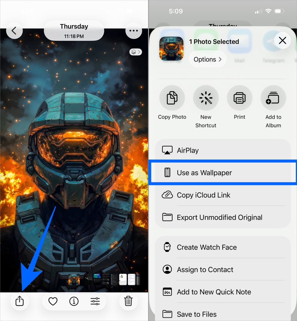 Open Photos, select a wallpaper, tap Share, and choose Use as Wallpaper