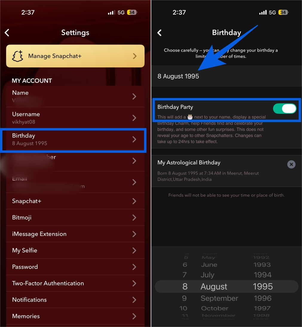 Open Snapchat Settings, set your birthday, and enable Birthday Party