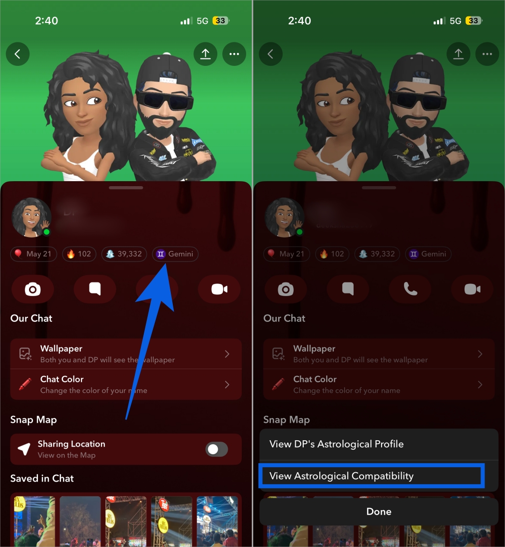 Open a friend’s Snapchat profile, tap their zodiac emoji, and select Astrological Compatibility