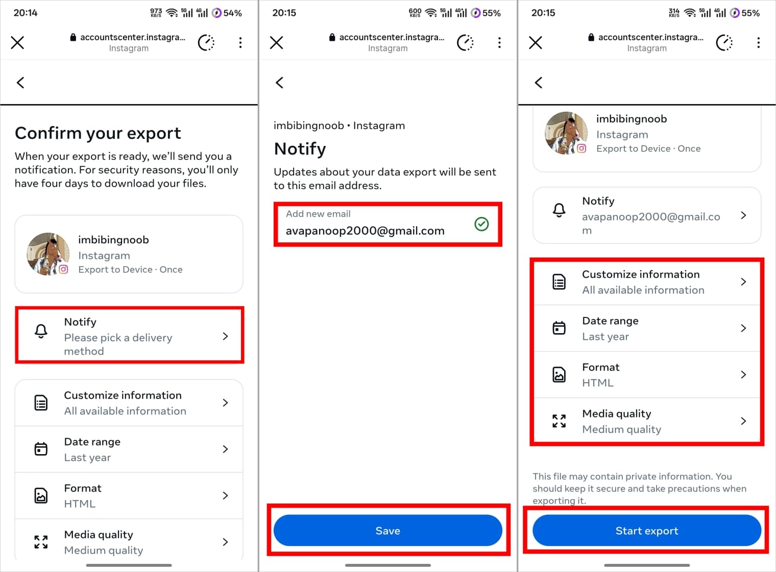 Pick export location, add email, set date range, format and media quality, then tap Start export