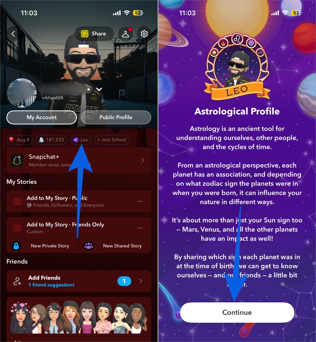 Tap zodiac emoji on Snapchat profile to open Astrological Profile
