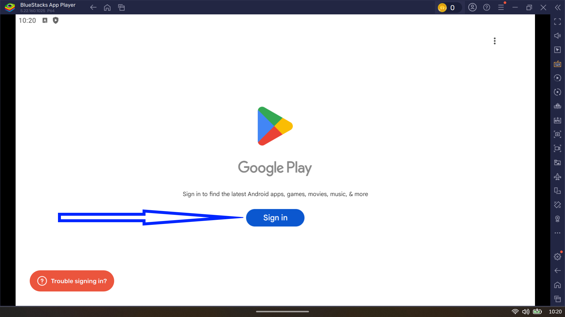BlueStacks App Player displaying the Google Play Store sign-in interface.