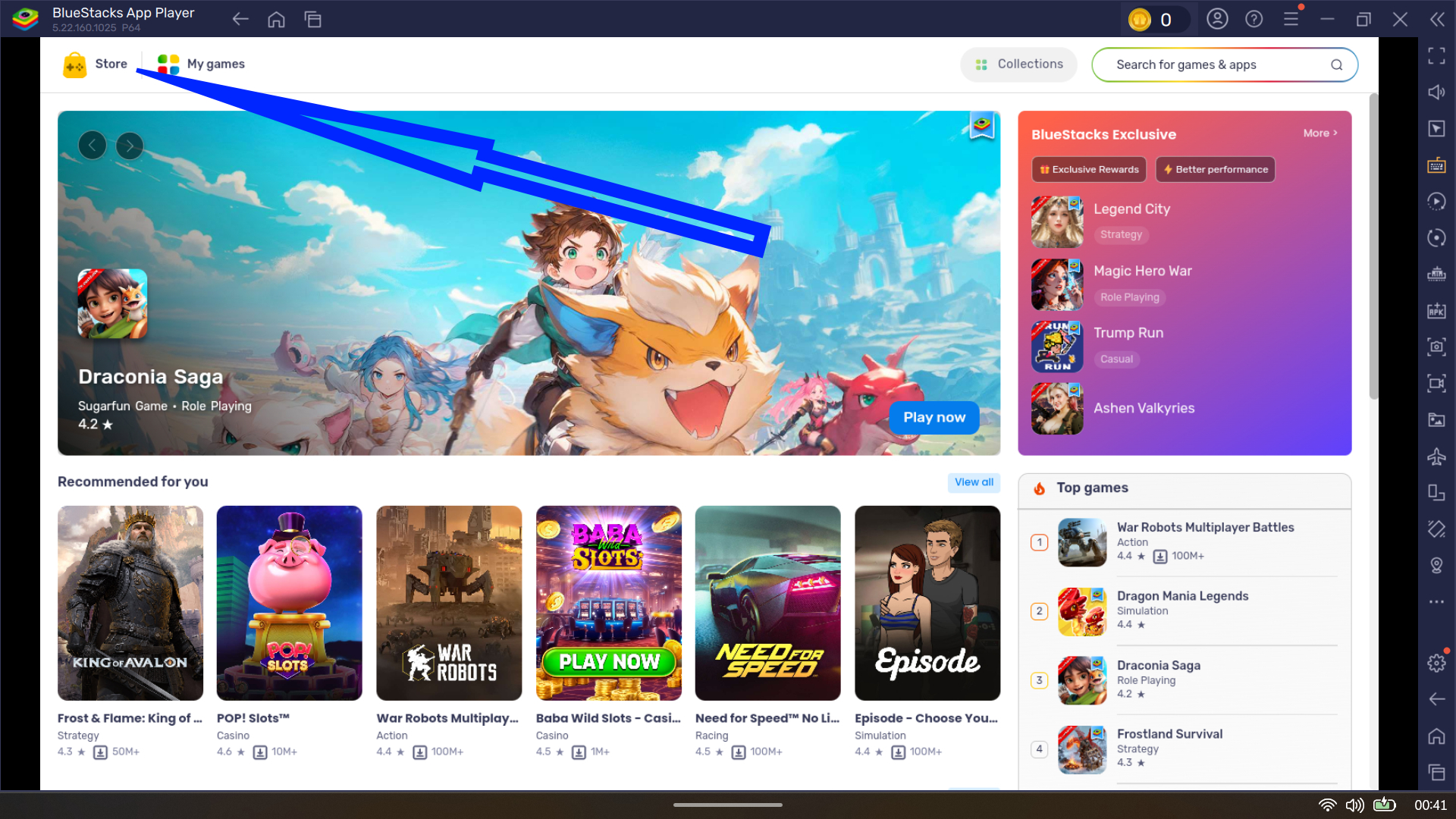BlueStacks App Player store interface highlighting popular games.