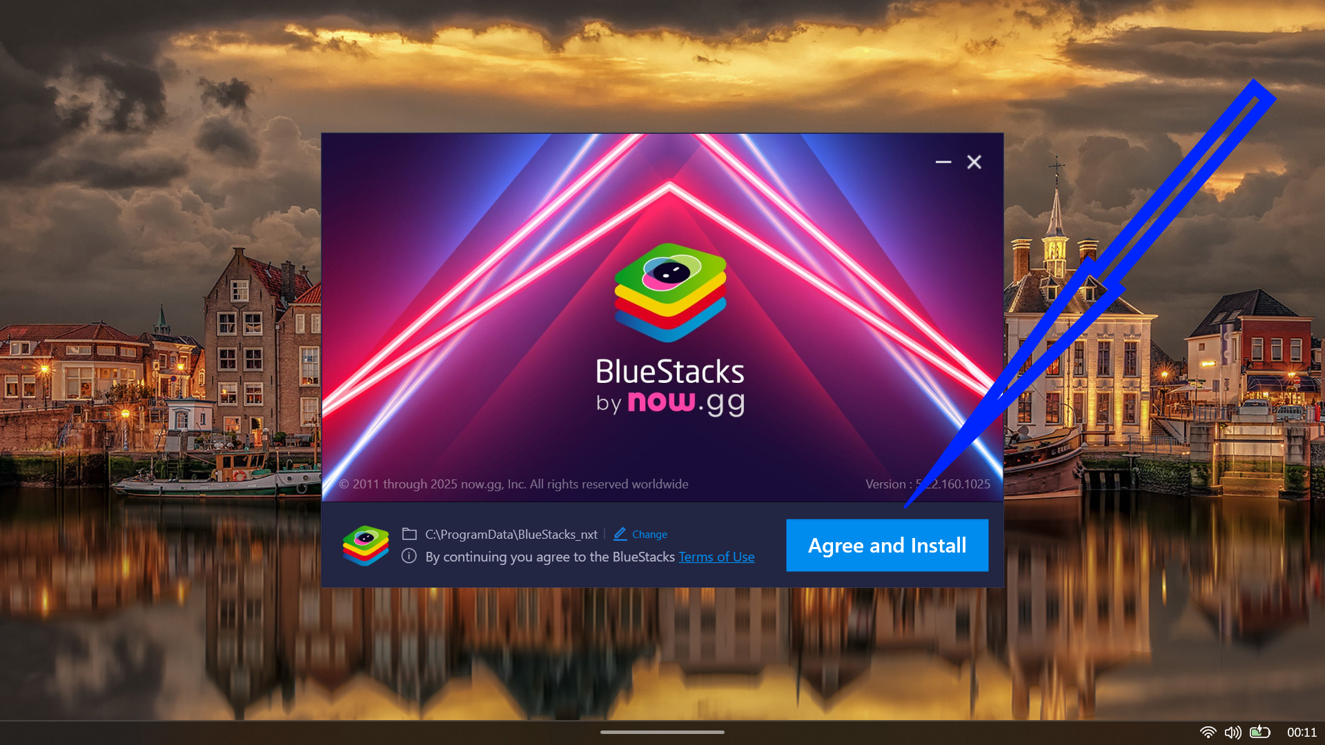 BlueStacks installer window displaying the Agree and Install button.