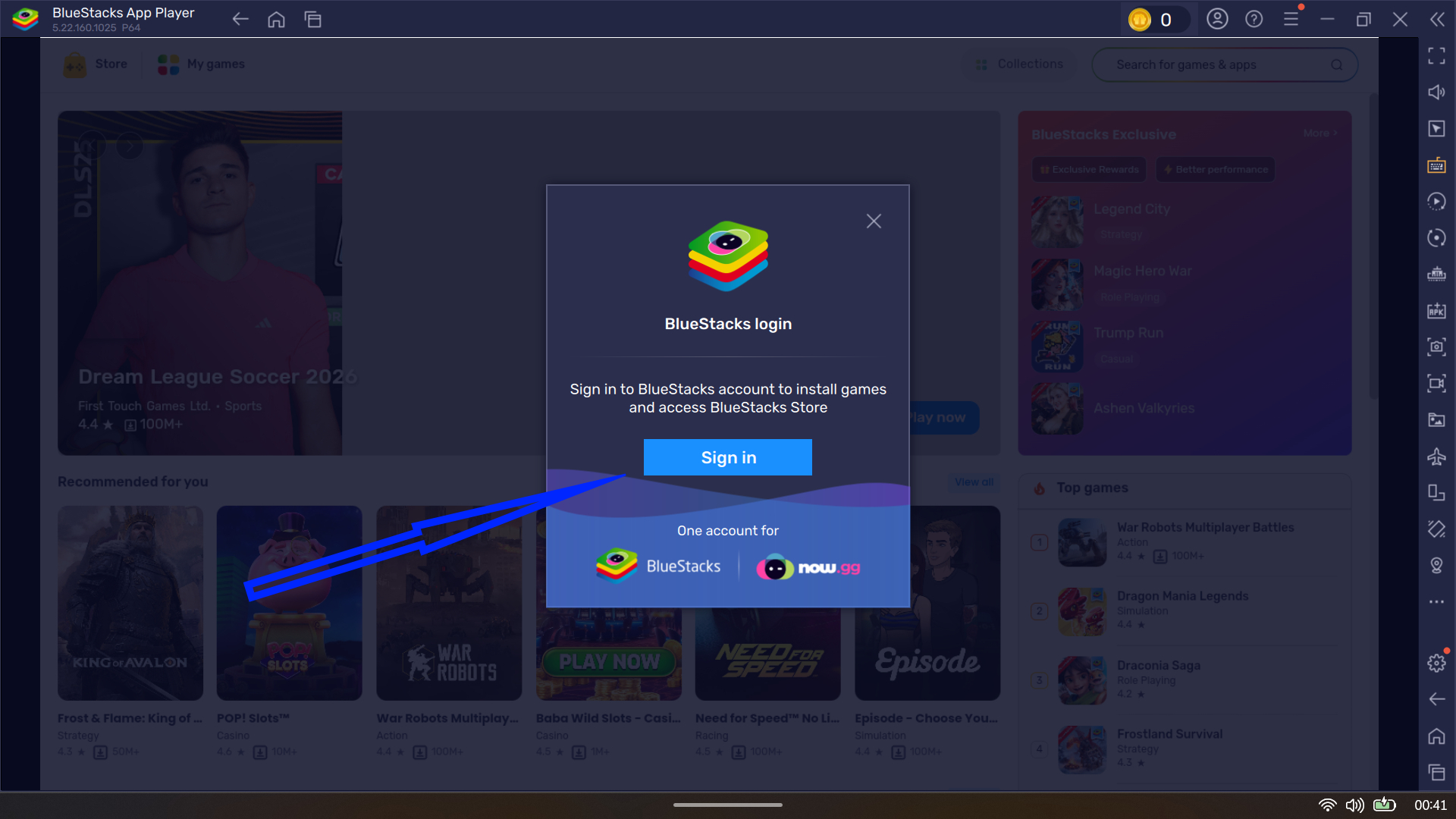 BlueStacks App Player store interface highlighting popular games.