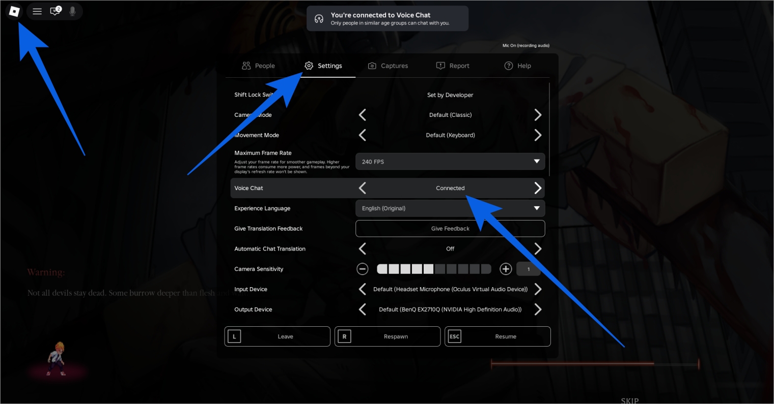 Click Roblox logo at the top left, go to Settings, scroll to Voice Chat, and toggle it to Connected