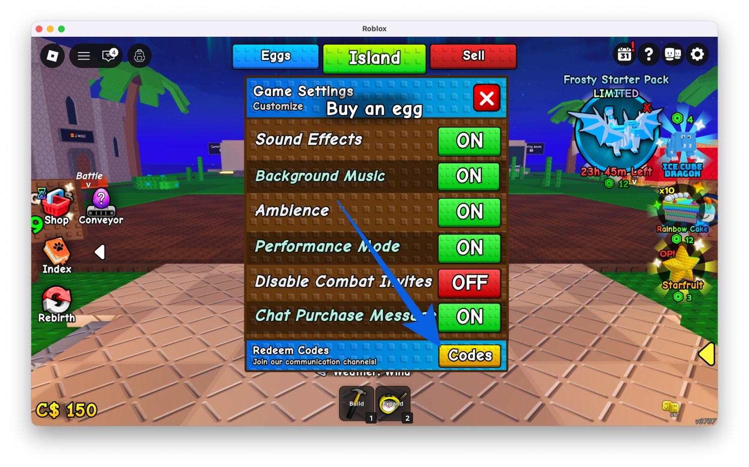 Click the Codes button at the bottom in My Dragon Island game