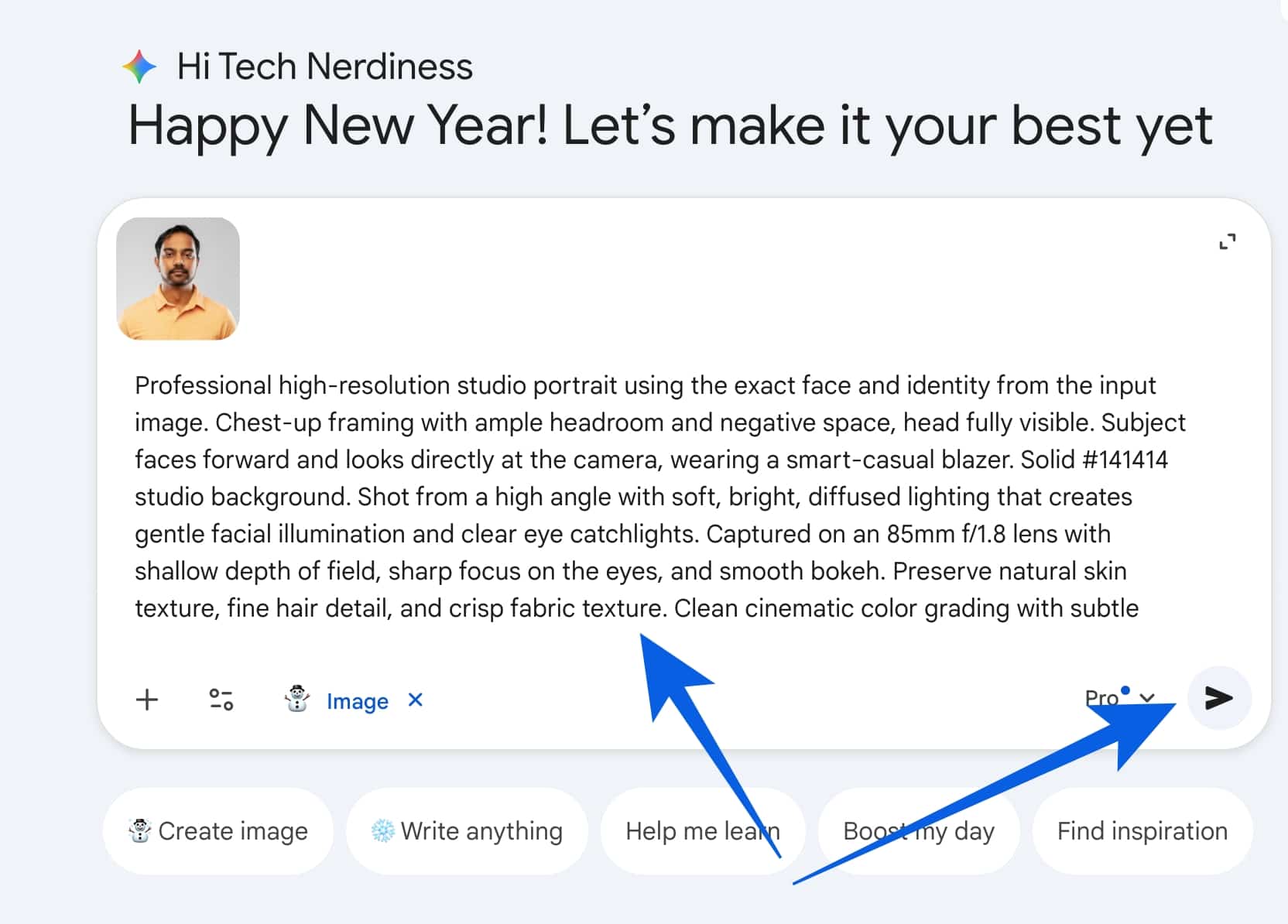 Copy text prompt from that photo description and Click rocket symbol to generate your AI image